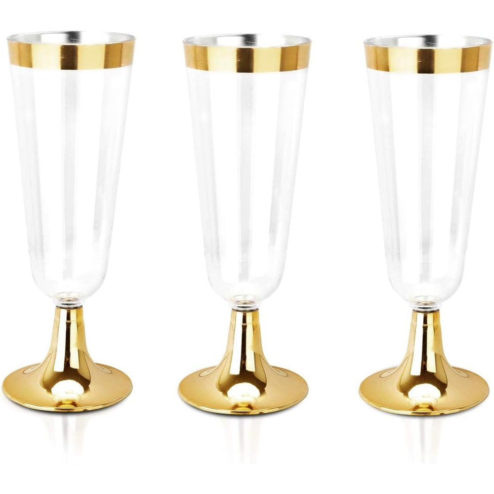 bUCLA Gold Plastic Champagne Flutes 100 pack front view for wedding decor.