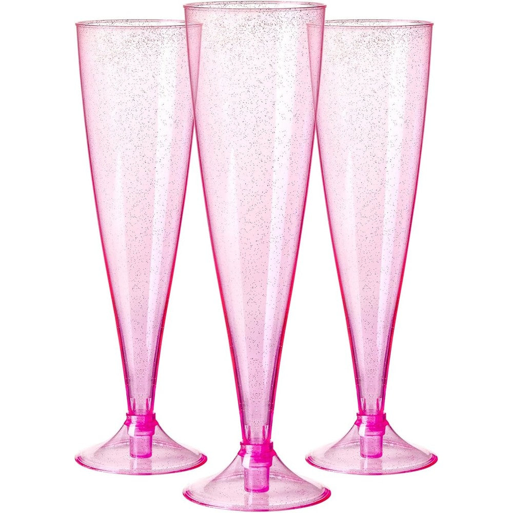 Homy Feel pink glitter plastic champagne flutes 30 pack front view party supplies