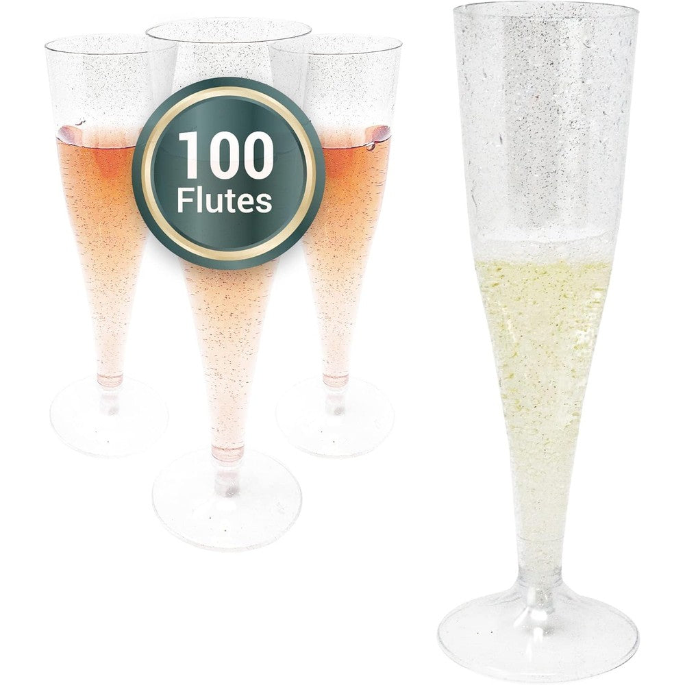 Reli. Plastic Champagne Flutes front view silver glitter disposable stemware