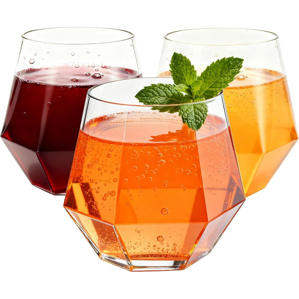 Oojami Diamond Plastic Wine Glasses 40 pack front view on a party table.