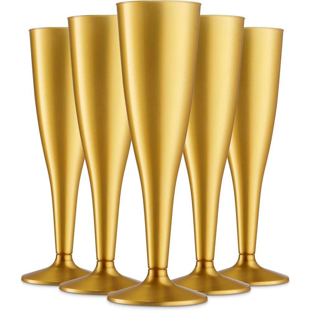 Munfix 30 Pack Gold Plastic Champagne Flutes front view for wedding decor.