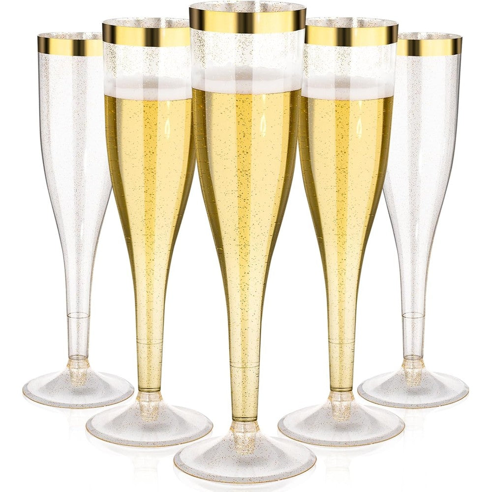 Goodluck Gold Glitter Champagne Flutes 36 pack front view for party supplies.