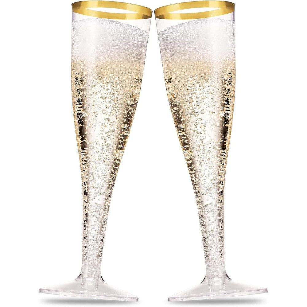 Munfix Gold Plastic Champagne Flutes front view of 100 pack set.