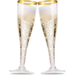 Munfix Gold Plastic Champagne Flutes front view of 100 pack set.
