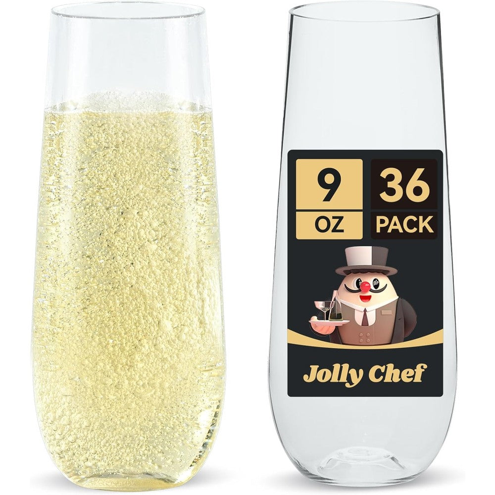 Jolly Chef stemless plastic champagne flutes 36 pack front view for party planning