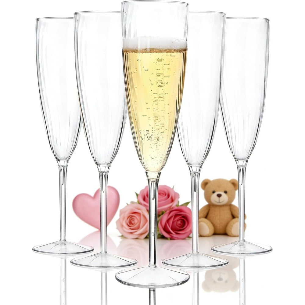 WDF 36 pack clear plastic champagne flutes front view for wedding supplies.