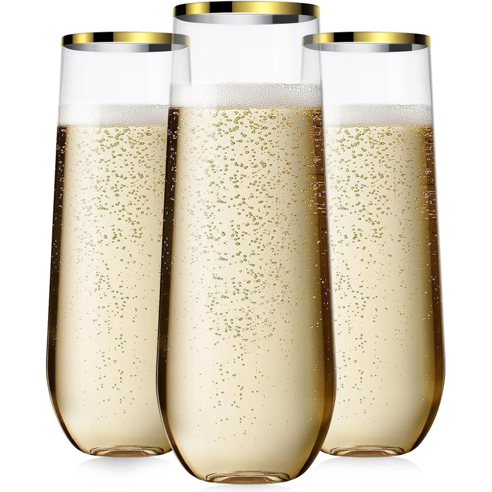 Maaacute 48 Pack Plastic Champagne Flutes front view with gold rim detail.