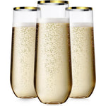 Maaacute 48 Pack Plastic Champagne Flutes front view with gold rim detail.
