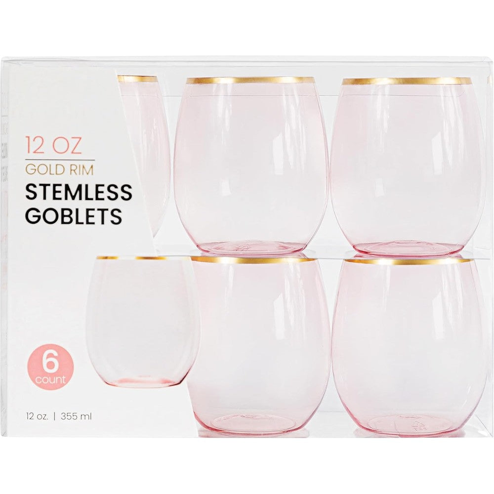 Plasticpro Pink Gold Rim Stemless Wine Glasses front view for party decor.