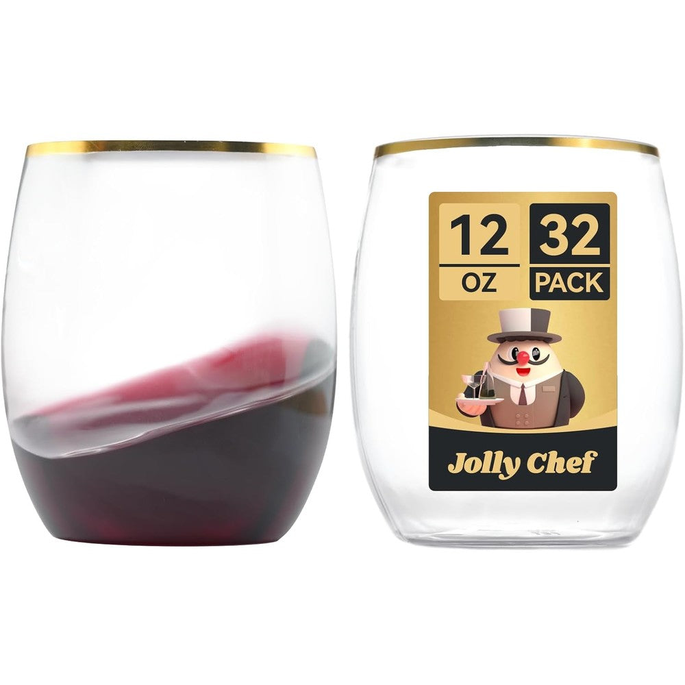 Jolly Chef 32 pack gold rim stemless plastic wine glasses front view for luxury party hosting.