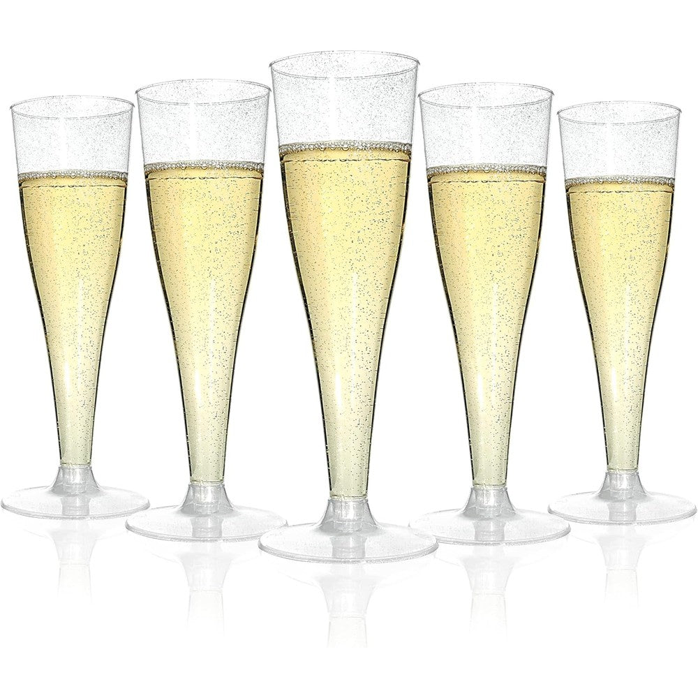 Bestluck silver glitter champagne flutes 100 pack front view for party planning.