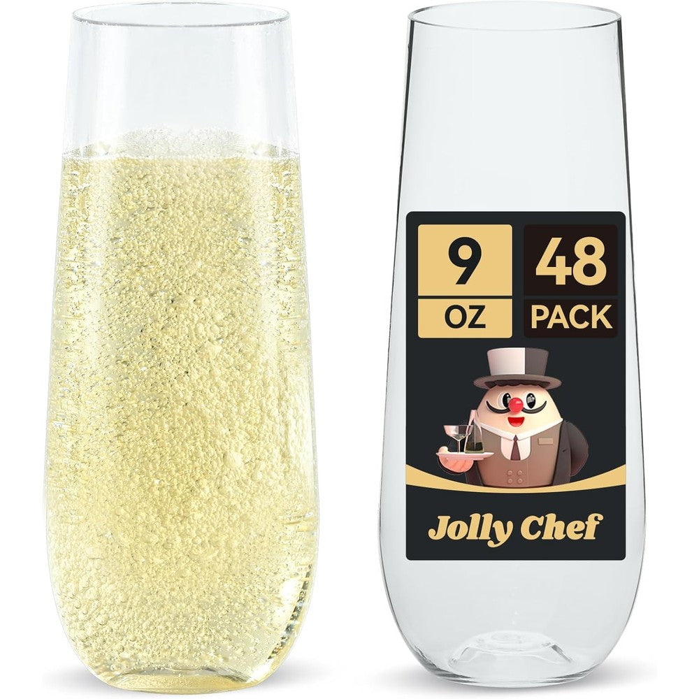 Jolly Chef 48 Pack Stemless Plastic Champagne Flutes front view for party planning.