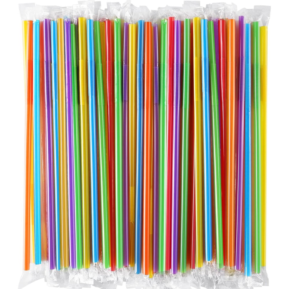 Zmaxqii Individually Wrapped Colorful Flexible Plastic Straws front view showing vibrant neon color assortment.