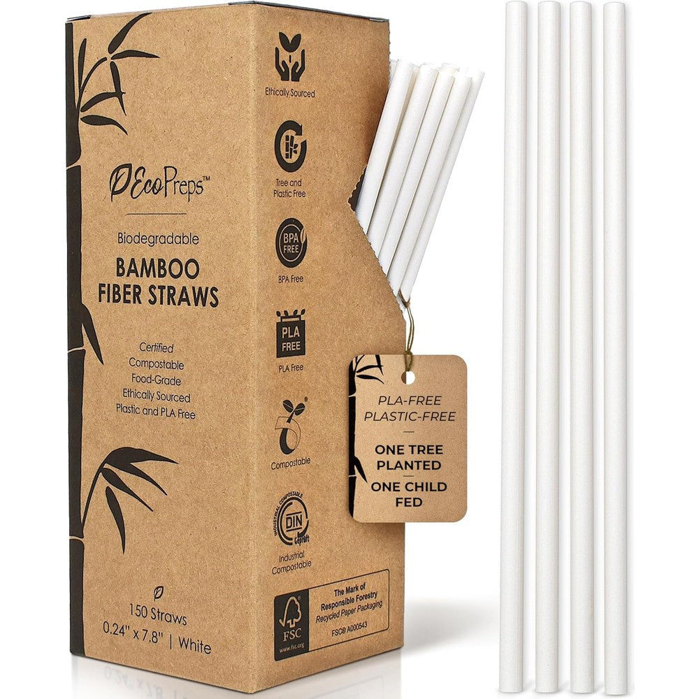 EcoPreps Biodegradable Bamboo Fiber Straws 150 Count front view package box showing white straws