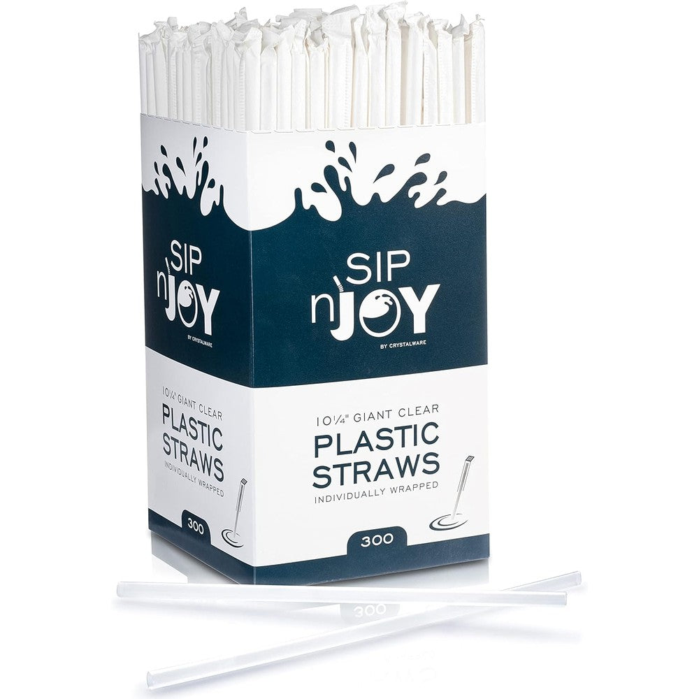 Crystal Ware Plastic Giant Jumbo Straws 300 Box front view for bulk beverage supplies.