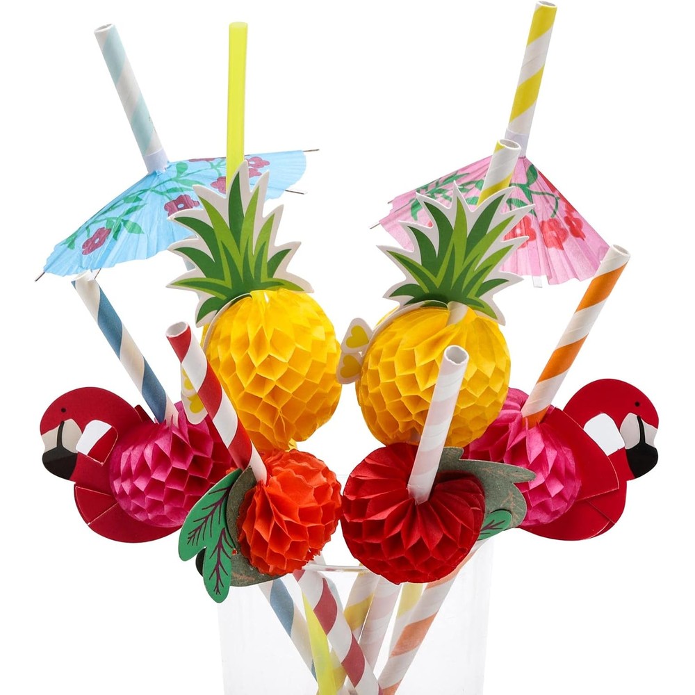 Tecbeauty flamingo fruit paper straws pack front view for summer theme party table styling