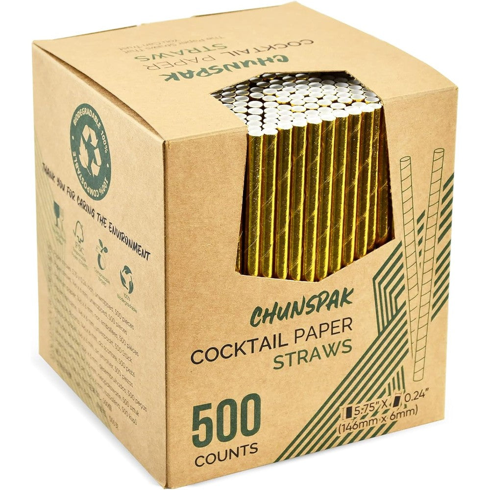 Chunspak short gold paper straws front view in dispenser box