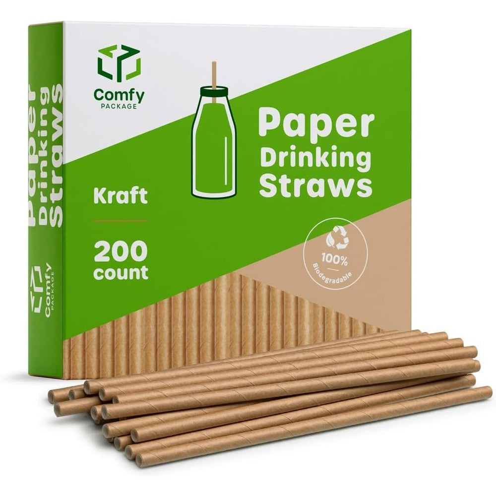 Comfy Package kraft paper straws front view of the two hundred pack container.