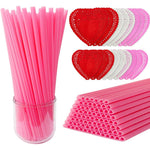 Unbranded pink heart shaped straws front view arranged on a decorated party table