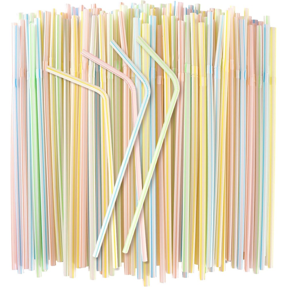 MAQIHAN disposable plastic drinking straws front view showing 150 pack of colorful striped bendable straws.