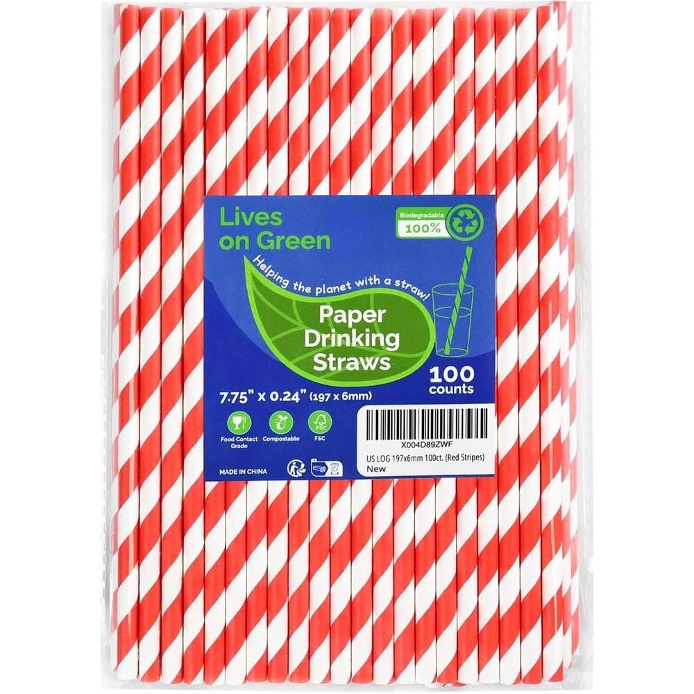Lives on Green red and white striped paper straws pack front view