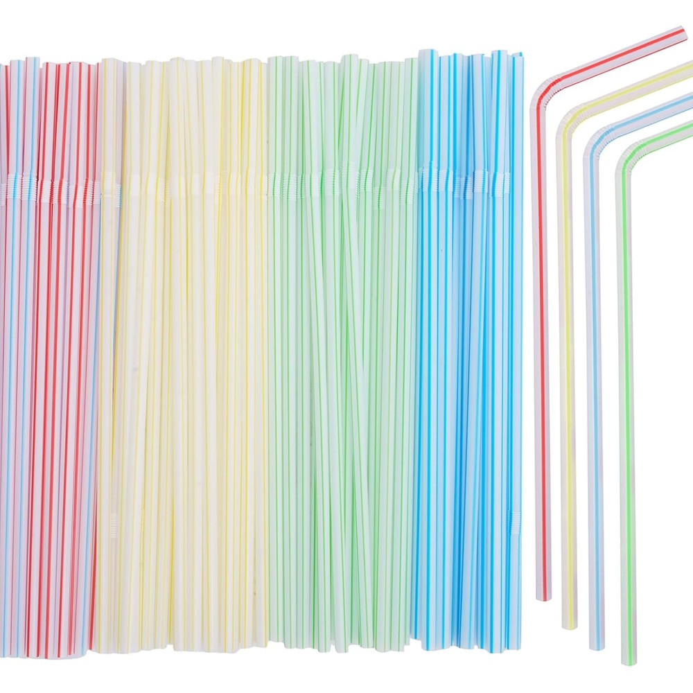 Luszmoax disposable plastic drinking straws 200 count front view featuring multi-colored striped flexible straws for parties.