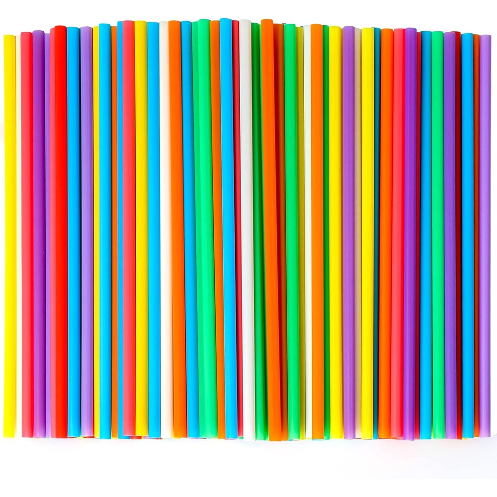 CVNDKN colorful disposable plastic drinking straws front view showing eight assorted colors in a neat bundle.