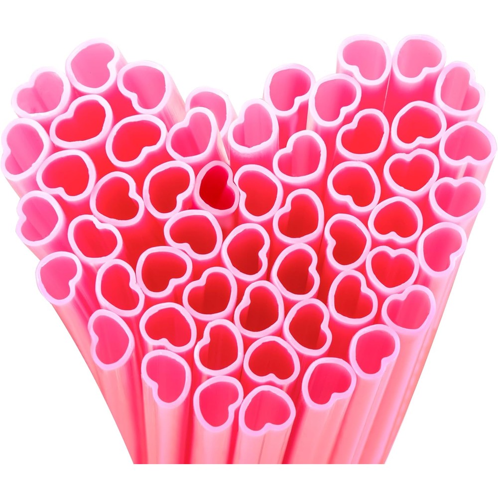 Prurex Heart Shaped Pink Drinking Straws 8 Millimeter Wide Individually Wrapped Disposable Party Straws For Cocktails And Weddings 50 Count - Image 1