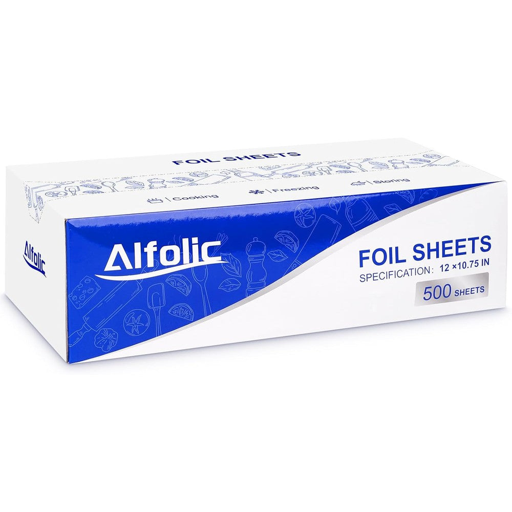 Alfolic Pre Cut Aluminum Foil Sheets 500 Count box front view for food service.