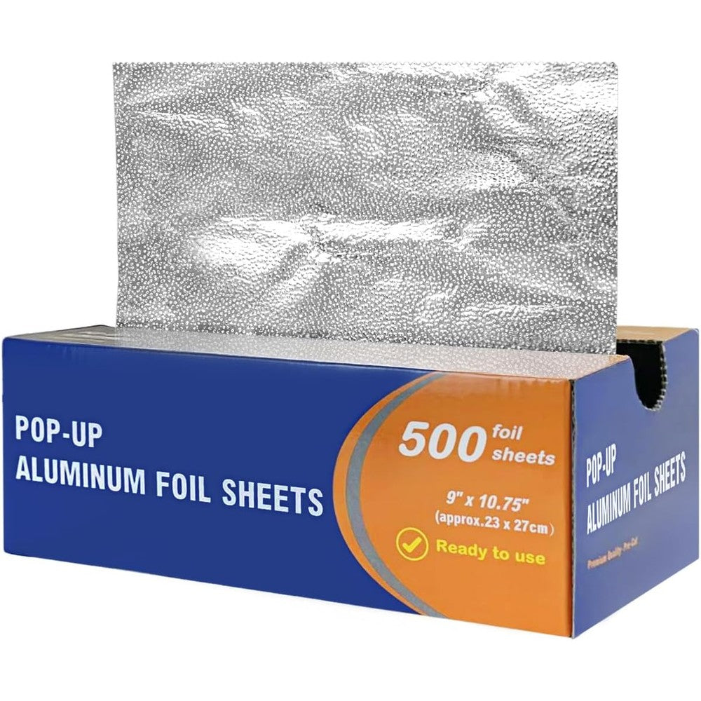 BronzeOx Pre-Cut Pop-Up Aluminum Foil Sheets 500 count box front view for restaurant food wrapping.