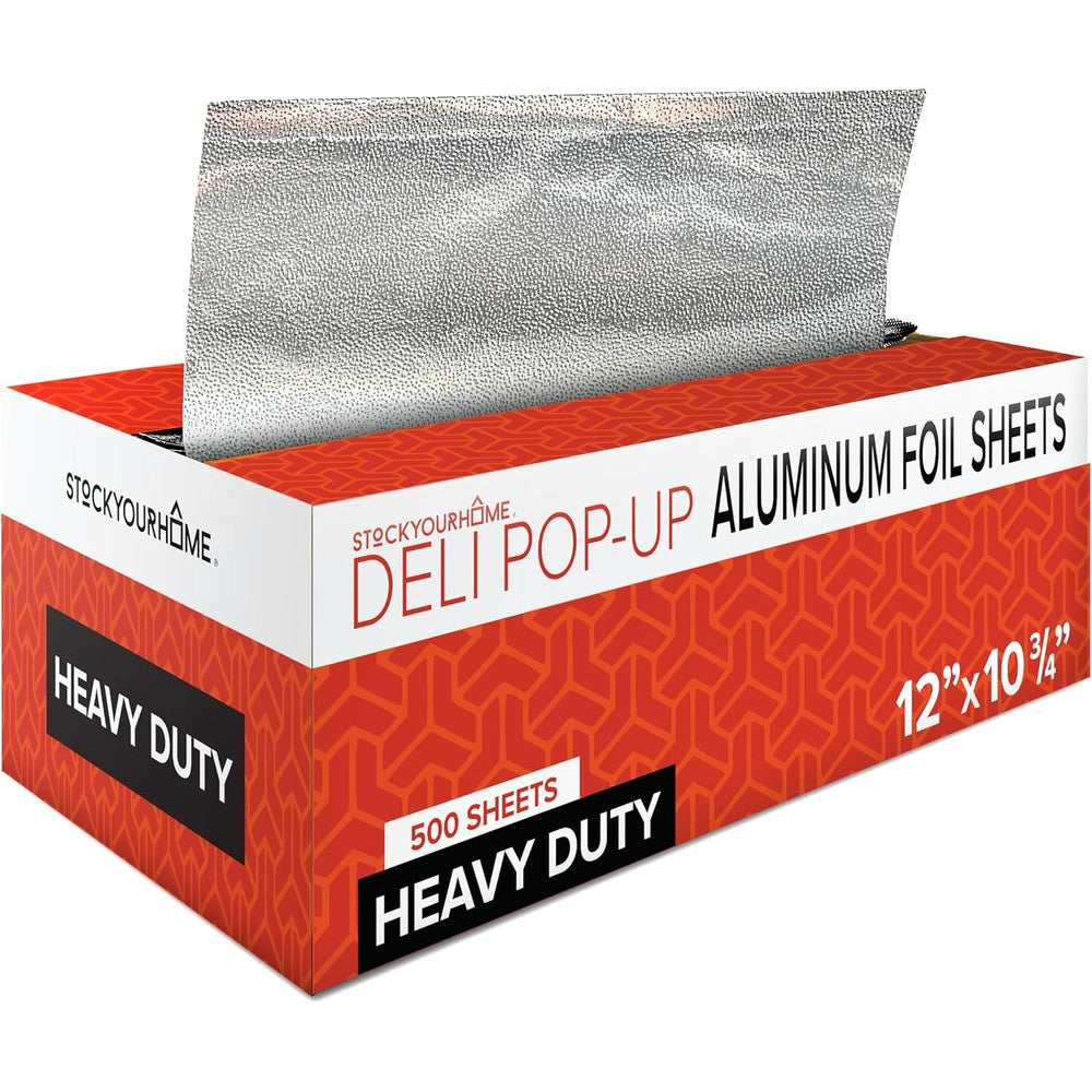 Stock Your Home 12 inch heavy duty pop up aluminum foil sheets 500 count front view in dispenser box