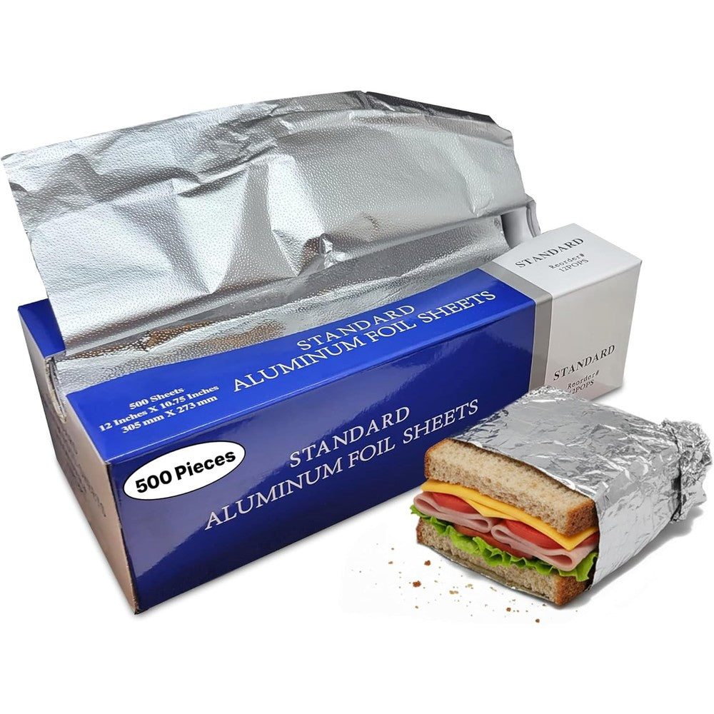 DHG Professional Pre-Cut Aluminum Foil Sheets front view of pop-up dispenser box for professional food wrapping.