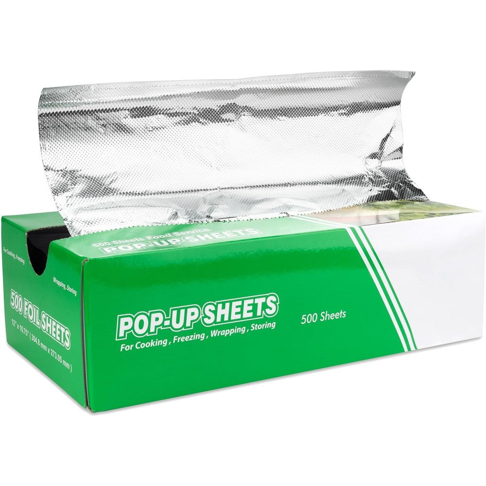 Ben And Jane Precut Aluminum Foil Sheets front view of 500 count pop-up dispenser box for professional food service.