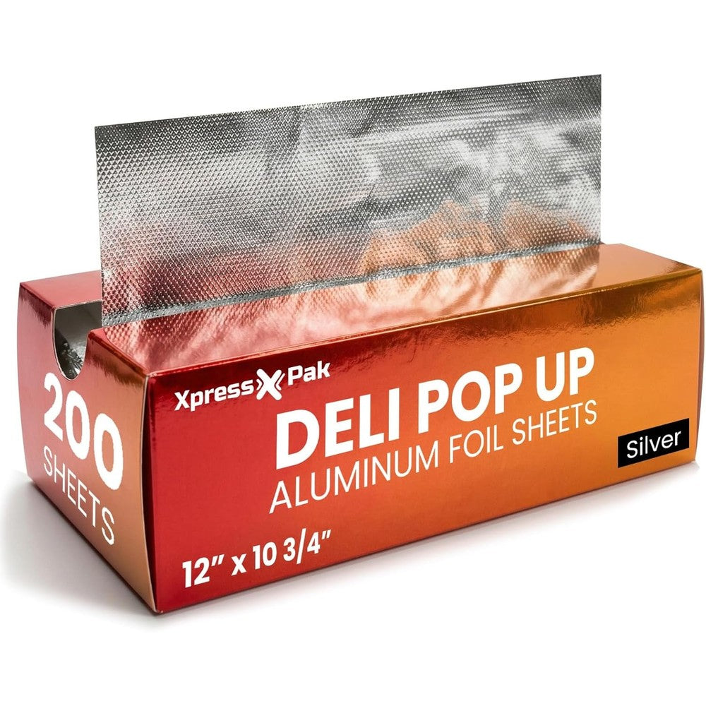 XpressPak Pre-Cut Aluminum Foil Sheets 200 Count pop-up dispenser box front view.