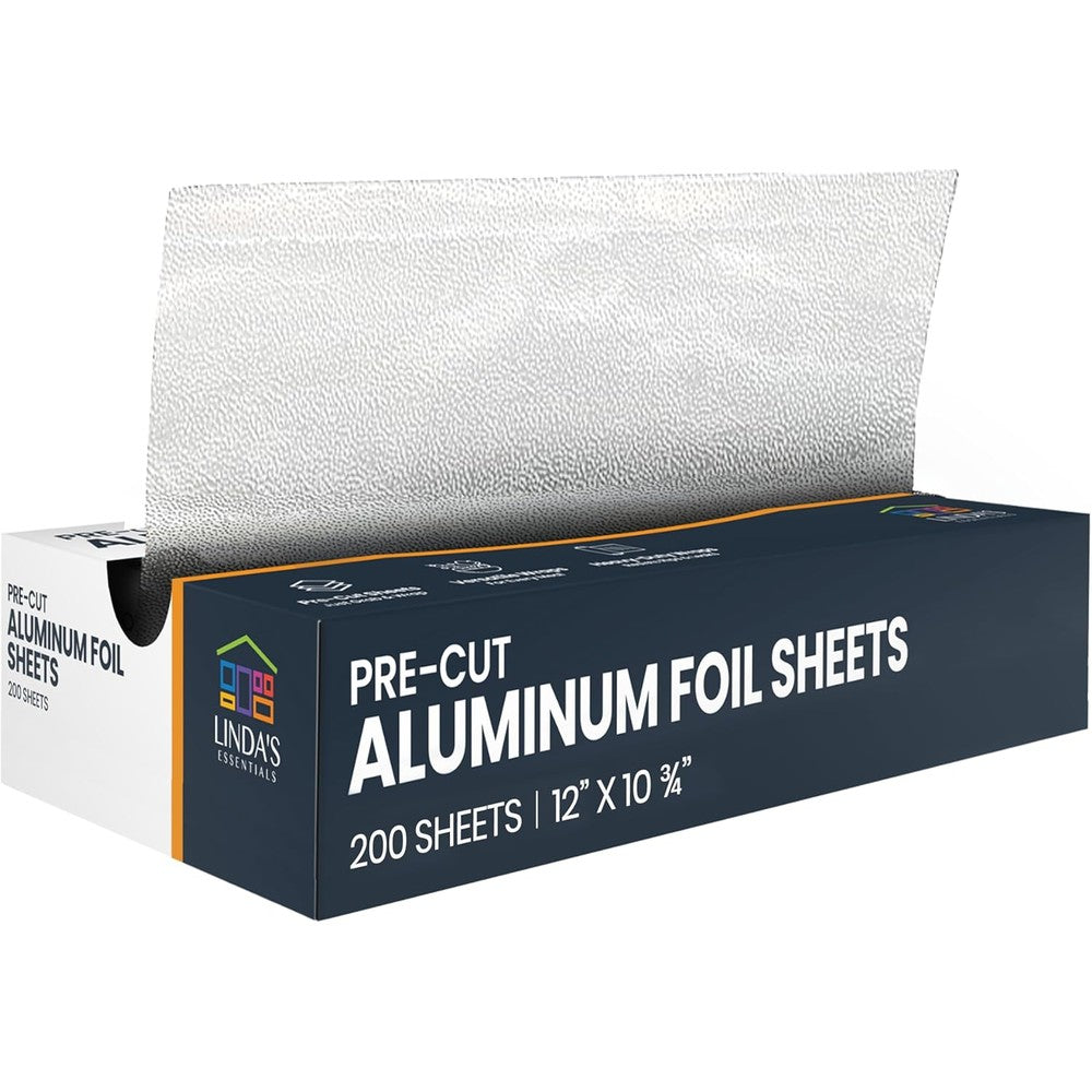 Linda's Essentials Pre-Cut Aluminum Foil Sheets 200 Count front view of pop-up dispenser box for food wrapping.