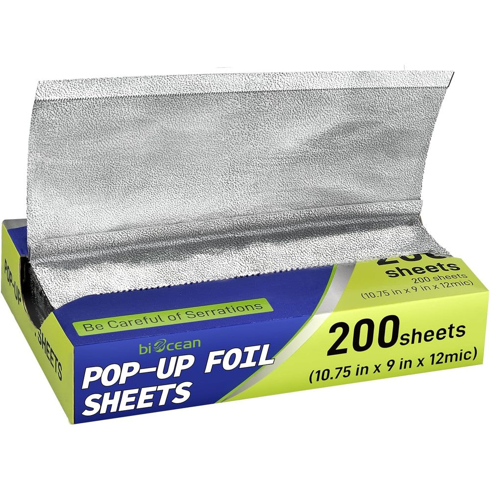 Biocean Pre-Cut Aluminum Foil Sheets 200 count pop-up dispenser box for food service.