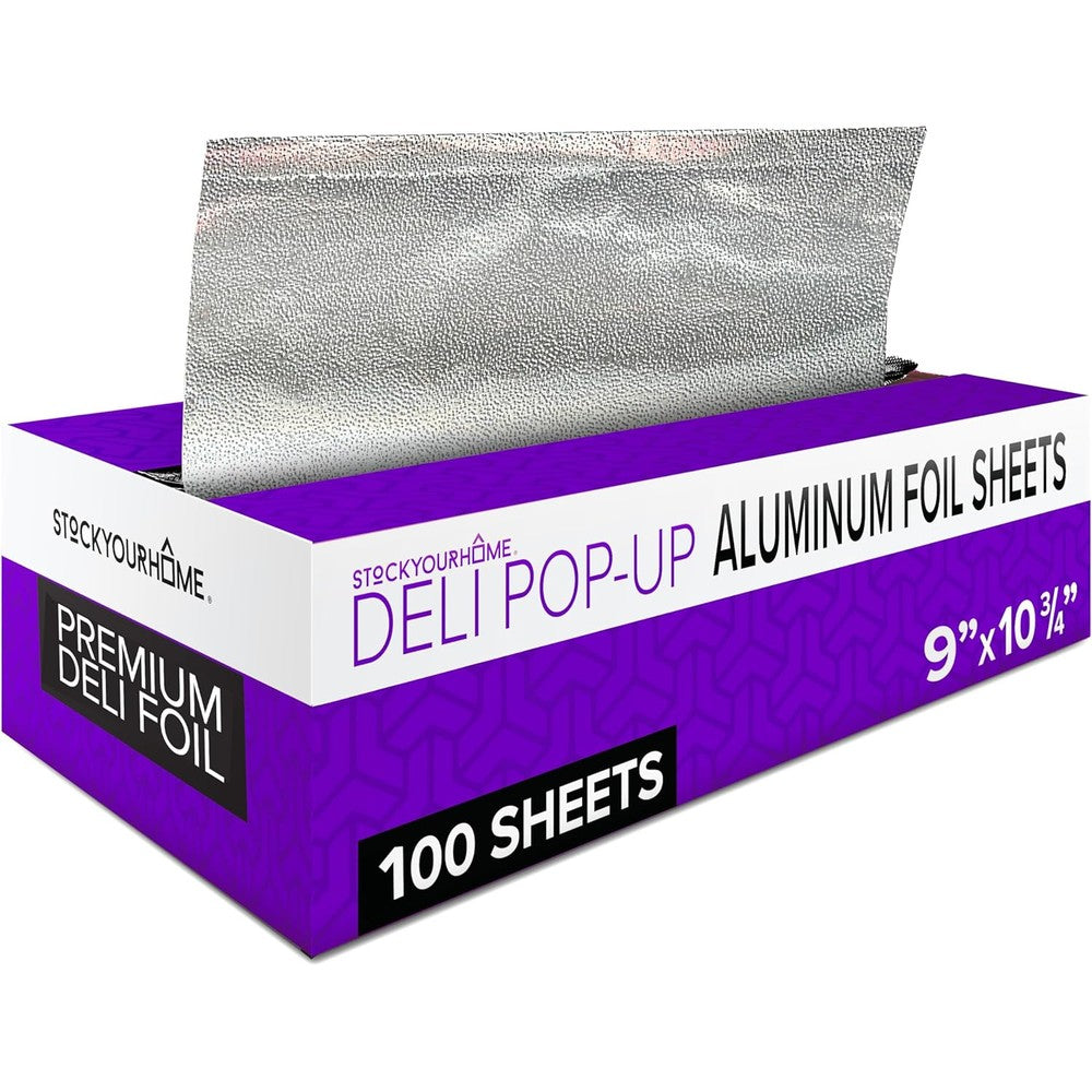 Stock Your Home Pre-Cut Deli Aluminum Foil Sheets 100 Count front view of pop up dispenser box.
