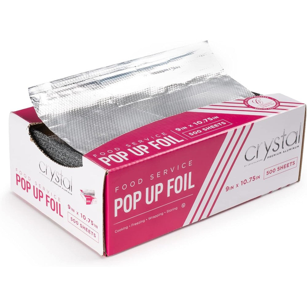 Crystalware Premium Aluminum Foil Pop Up Sheets front view box 500 count kitchen food wrap