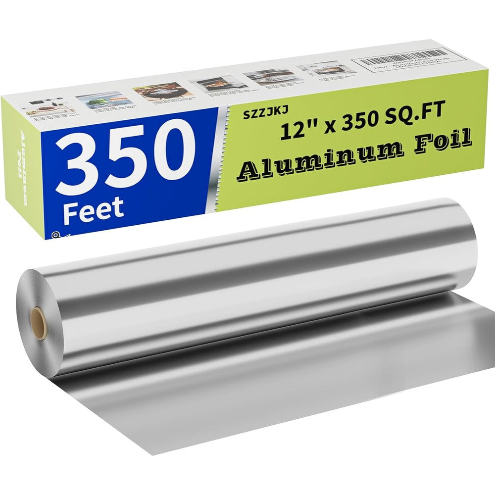 SZZJKJ Aluminum Foil Roll 12 inch x 350 feet front view with heavy duty cutter box.