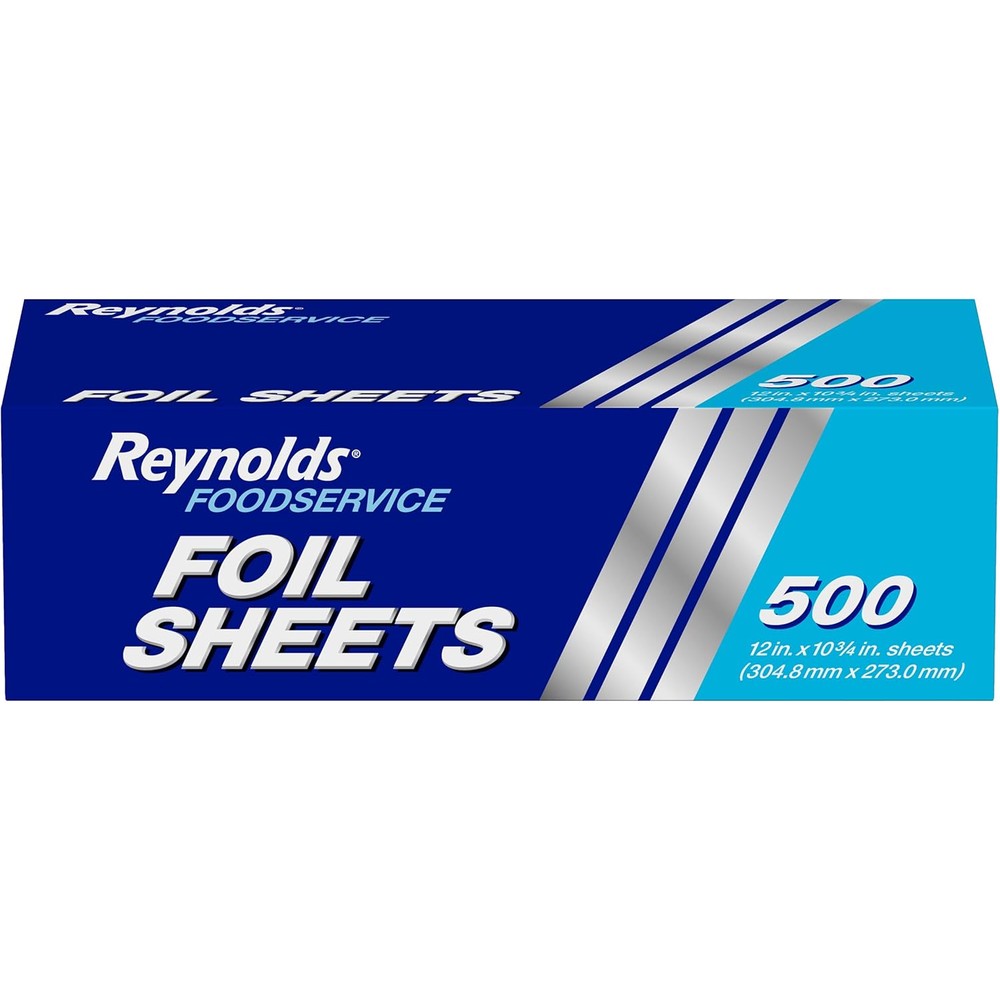 Reynolds Foodservice Pre-Cut Aluminum Foil Sheets 500 count box front view for professional catering.