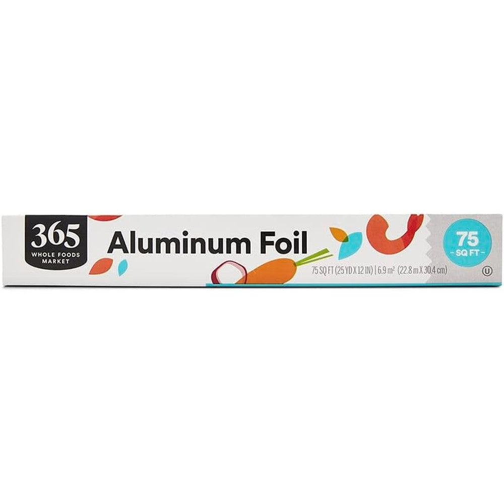365 by Whole Foods Market Aluminum Foil 75 Square Feet front packaging for kitchen food storage.