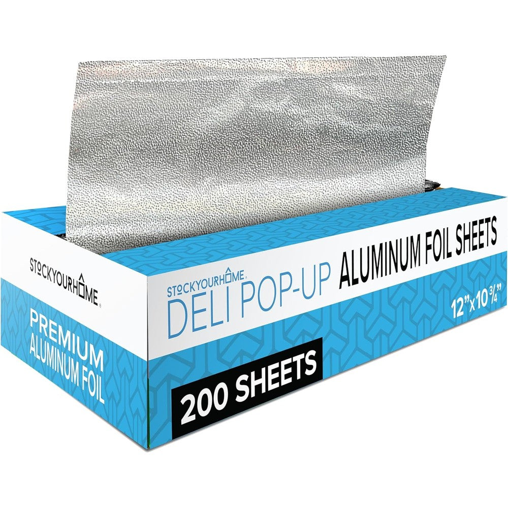 Stock Your Home Pre-Cut Deli Aluminum Wraps 200 Count front view of pop-up dispenser box.