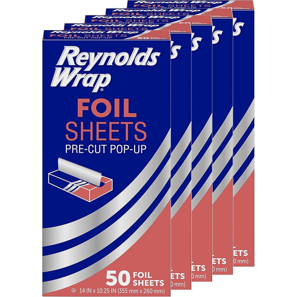 Reynolds Wrap Pre-Cut Pop-Up Aluminum Foil Sheets 250 count box front view.