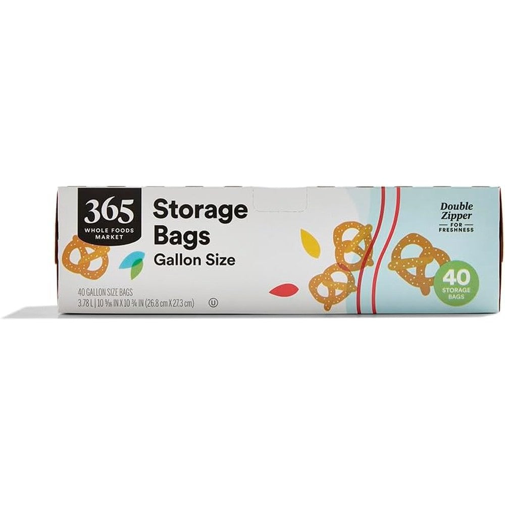 365 by Whole Foods Market Gallon Size Storage Bags 40 count pack front view for kitchen food organization.