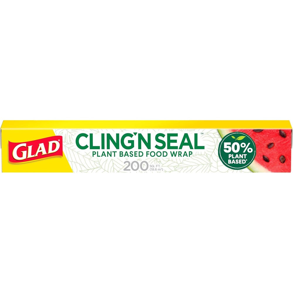 Glad 50% Plant Based Cling N Seal Food Wrap roll front view for airtight food storage.