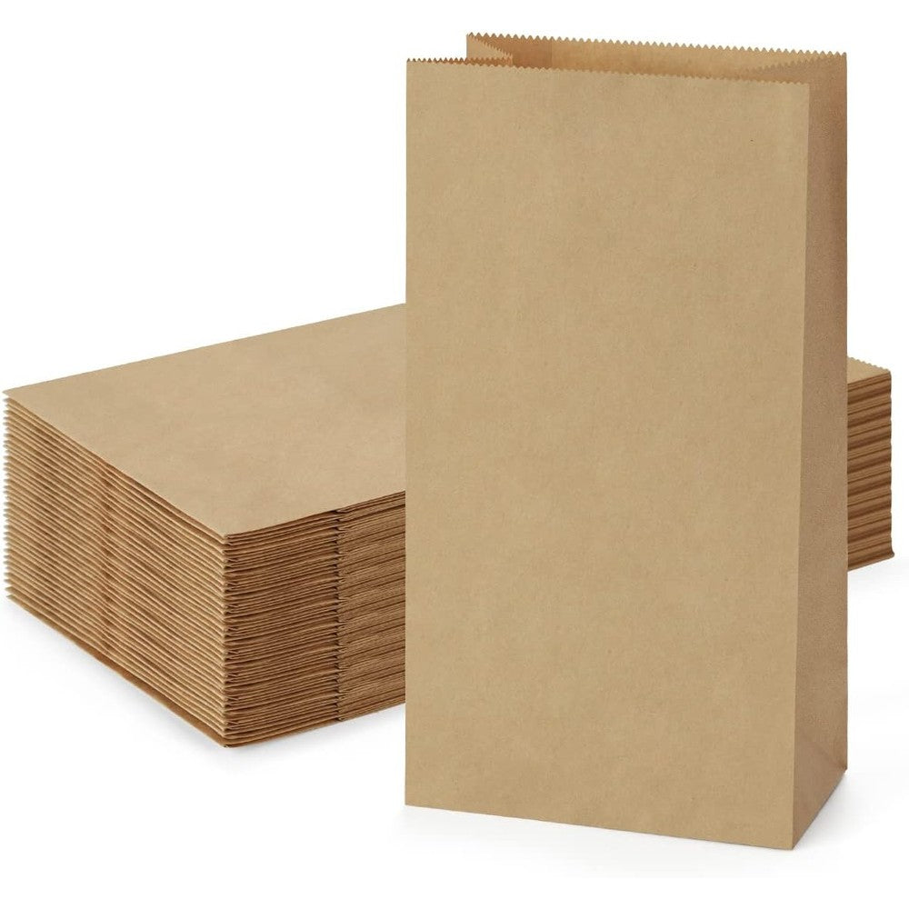 SHOPDAY Brown Kraft Paper Lunch Bags 100 Pack front view for food storage.