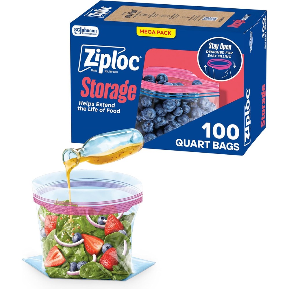 Ziploc Quart Food Storage Bags 100 count pack with stand up bottom for kitchen organization.
