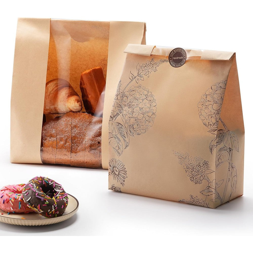 Betkou 24 pack paper bread bags with clear window front view for sourdough packaging.