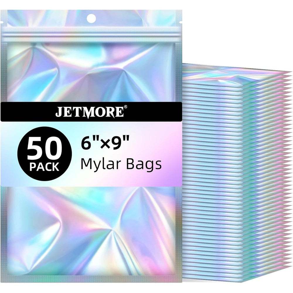 Jetmore Holographic Mylar Bags front view showing clear window and resealable seal for small business packaging.