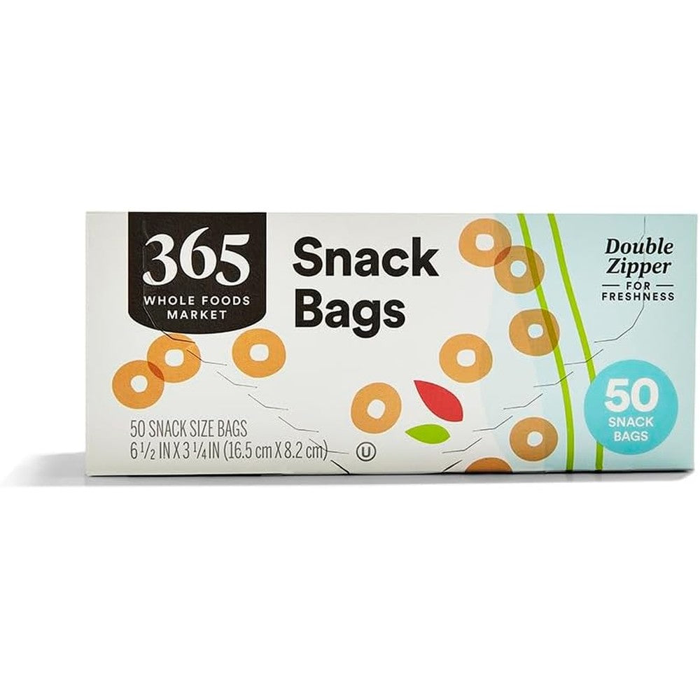 365 by Whole Foods Market Snack Size Storage Bags 50 count box front view BPA free food storage